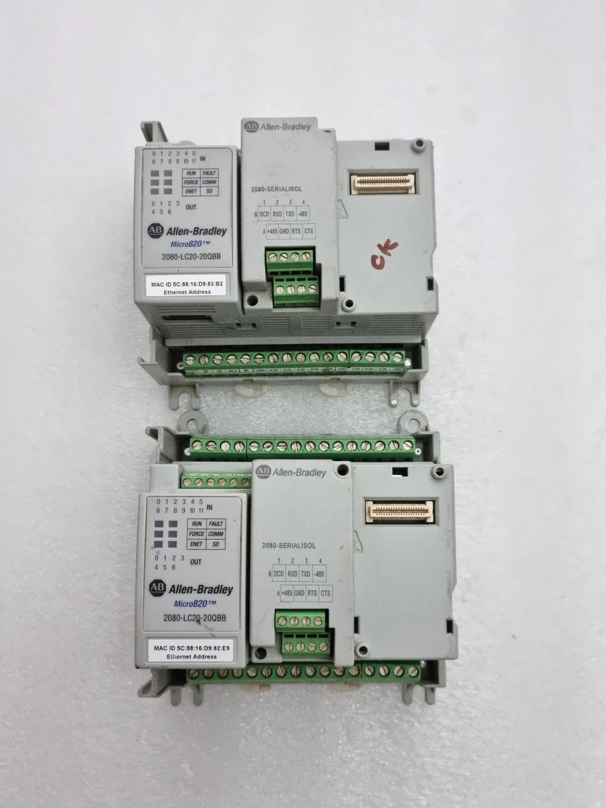 LOT OF 2PCS ALLEN BRADLEY 2080-LC20-20QBB Micro820 With 2080-SERIALISOL MODULE